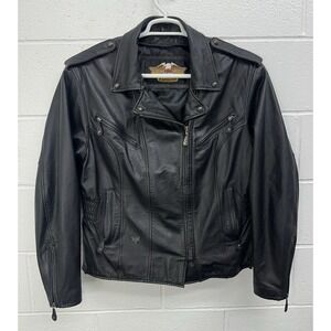 Harley Davidson Y2K Black Leather Fitted Motorcycle Riding Jacket  - Women's L